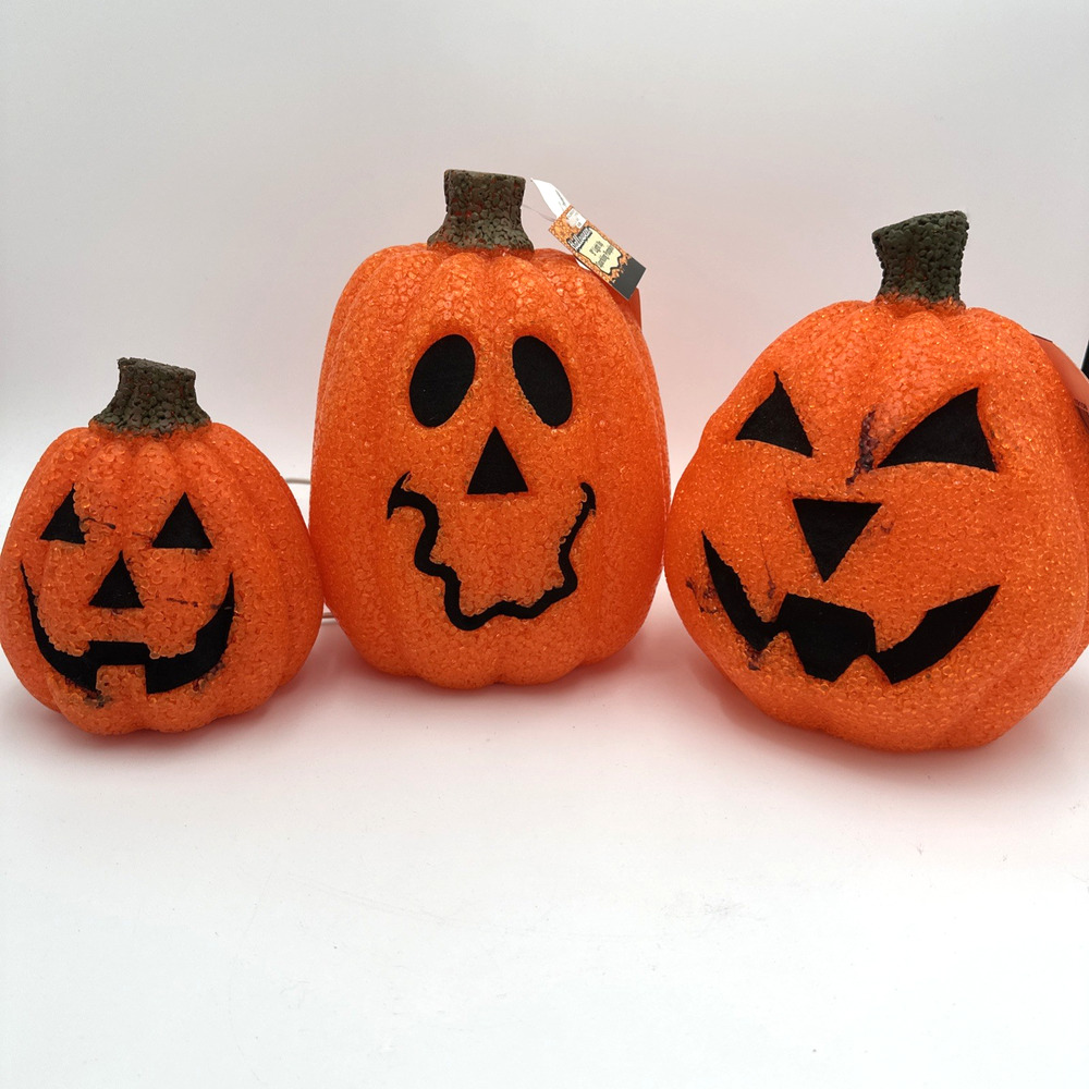 3 Vtg Halloween Melted Plastic Popcorn Lighted Pumpkin Jack O' Lanterns *READ